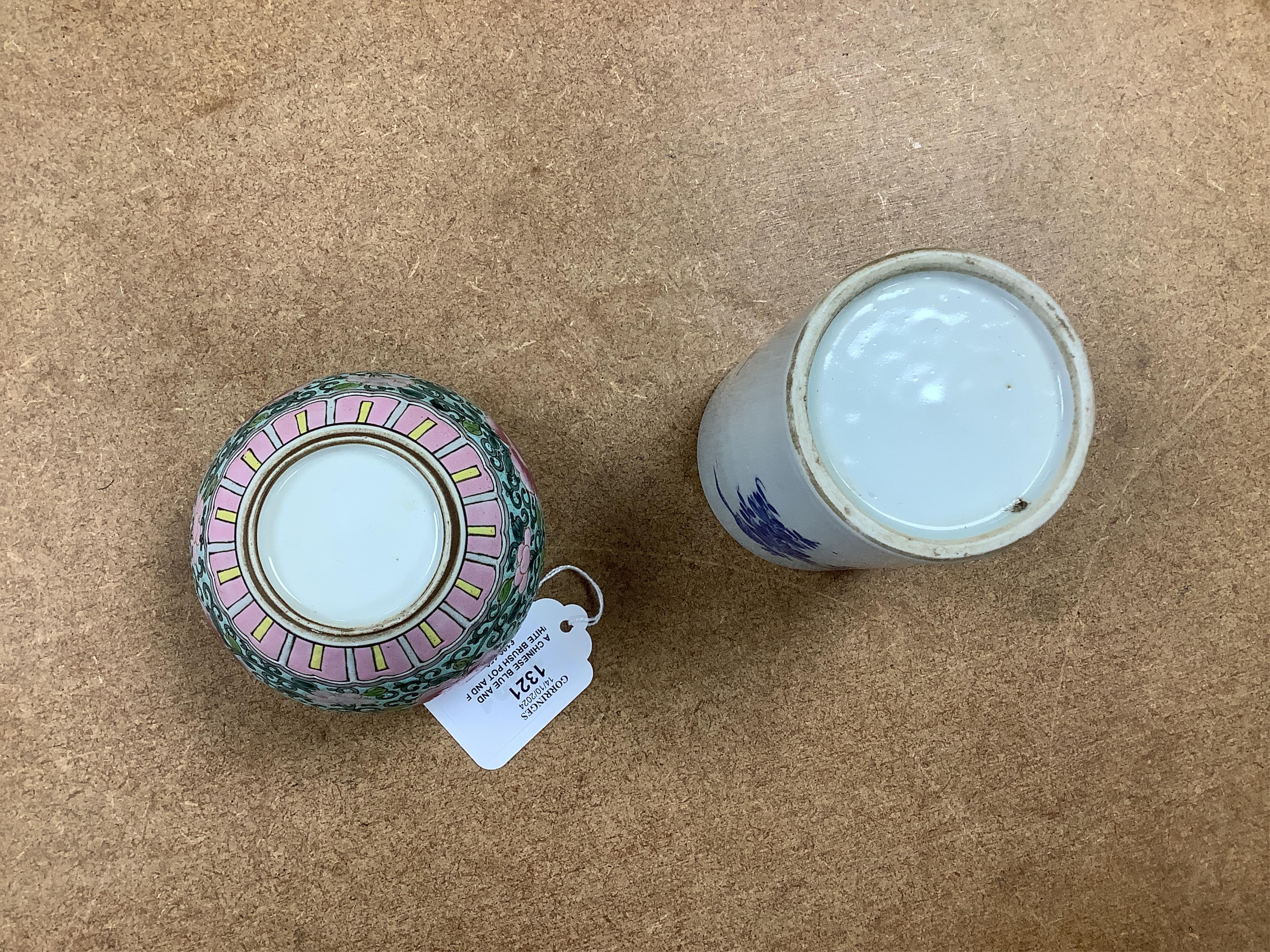 A Chinese blue and white brush pot and famille rose miniature jardiniere, tallest 12cm. Condition - good